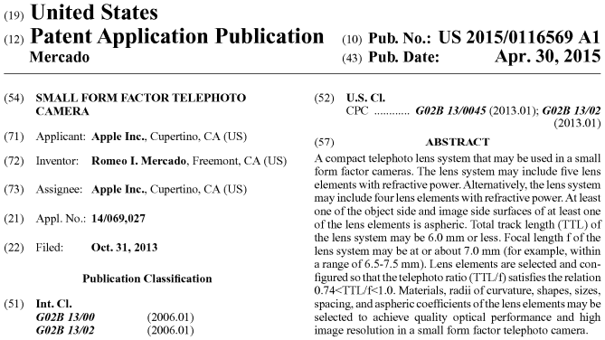 apple ios telephoto lens uspto patent application