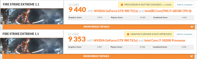 3dmark firestrike extreme core i7 6850k vs 5820k