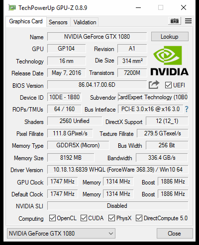 GTX 1080 Gainward Phoenix GPUZ