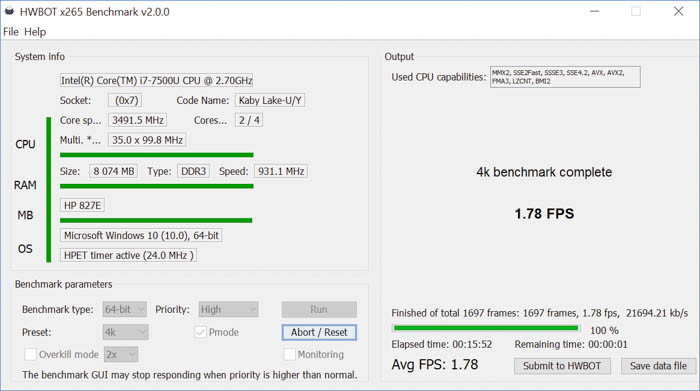 hp spectre x360 hwbot x265 4k benchmark