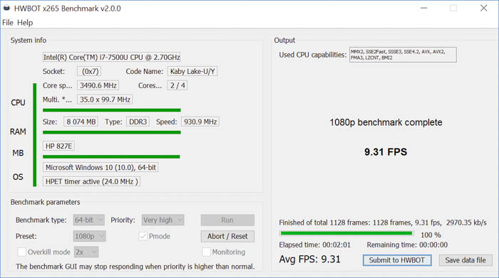 hp spectre x360 kaby lake hwbot x265 1080p benchmark