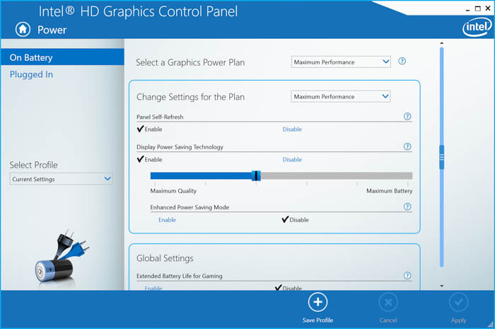 intel hd graphics control panel power settings