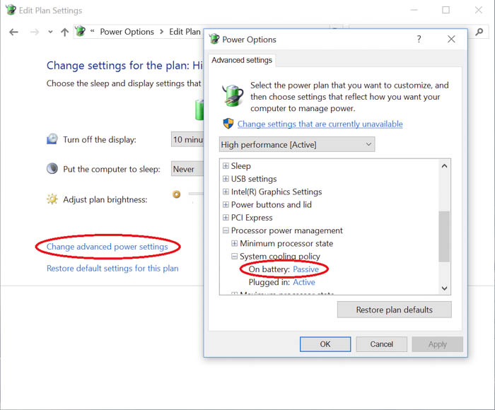 power options system cooling policy