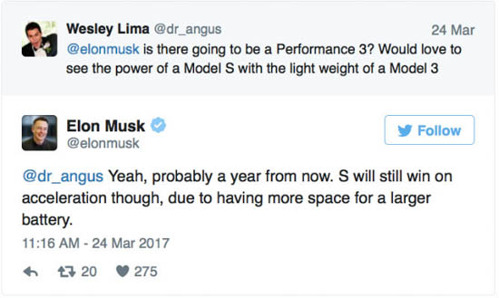 elon musk on model 3 performance models twitter