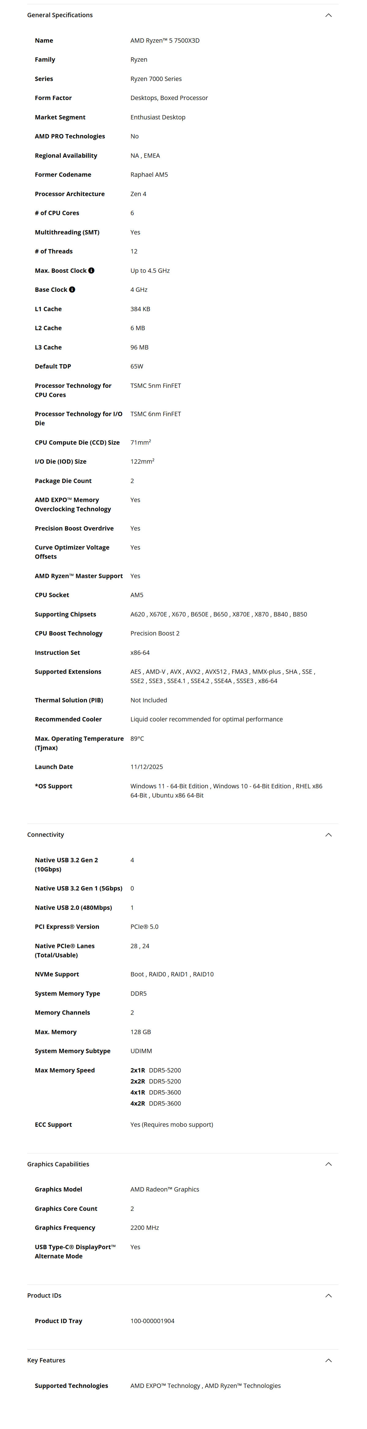 amd 7500x3d specs