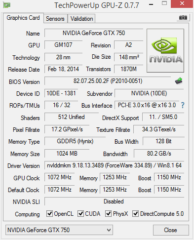 GTX 750 kfa2 GPUZ