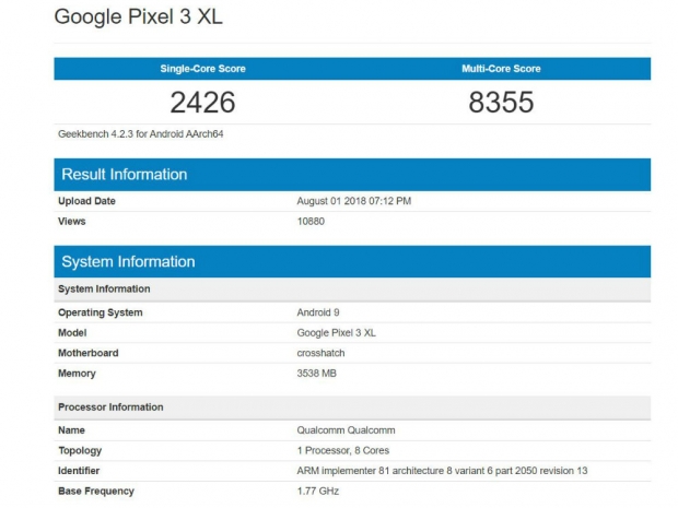 Pixel 3 XL shows healthy SD 845 score